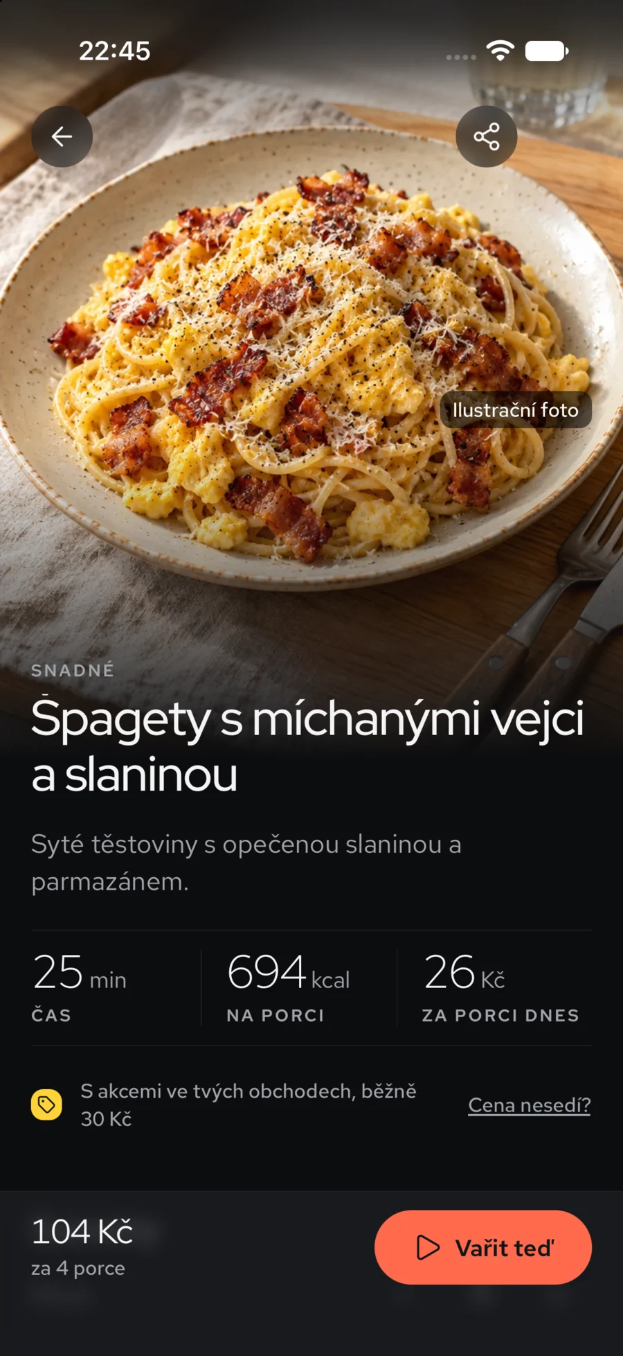 Detail receptu Spagety s míchanými vejci a slaninou: 25 minut, 694 kcal a 26 Kč na porci, 104 Kč za 4 porce a tlačítko Vařit teď.